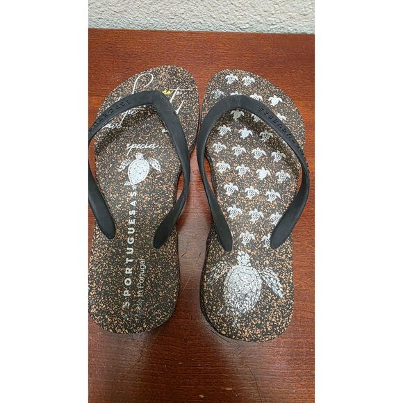 Asportuguesas Women's Cork Thong Flip-Flops Turtle Print & Black Straps Size 35/ - Picture 3 of 7